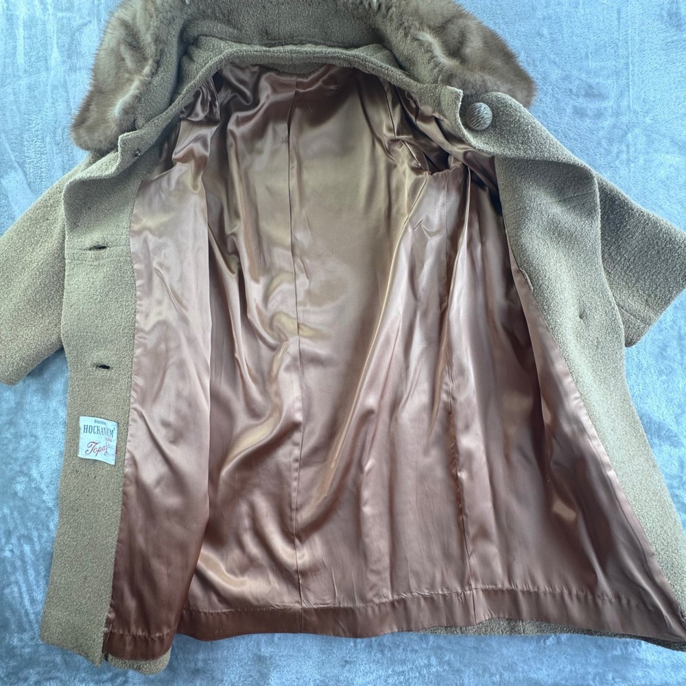 Vintage 1950s-60s Women's Boucle‎ Coat Genuine Mink Fur Collar Tan Mod Overcoat - Picture 3 of 16